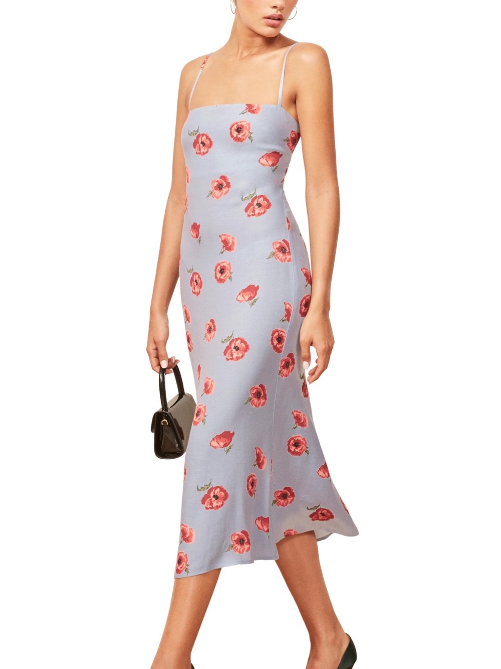 Reformation Rosaly midi Light Blue Slip Dress with Red Floral Print